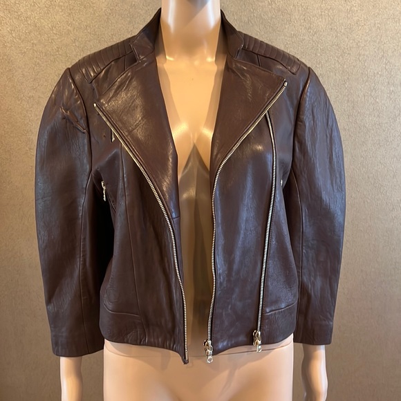 J Brand 3/4 Sleeve MOTo Brown Leather Jacket - Picture 3 of 5